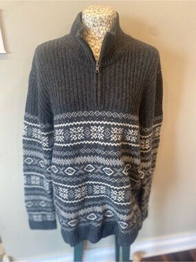 Vintage 90s Lambs Wool Men's Charcoal Gray Half-Zip Fair Isle Sweater